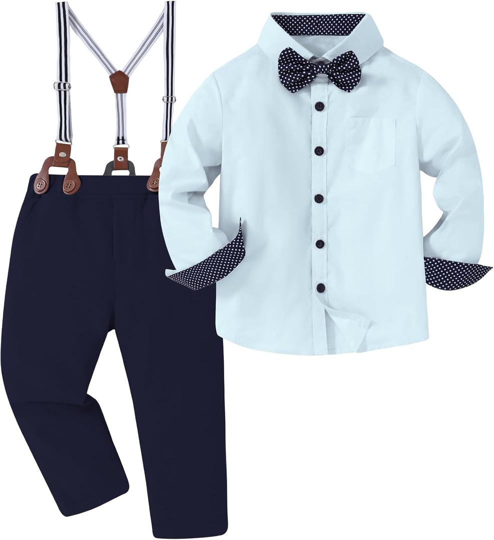 DISAUR Boy Formal Suits Wedding Outfit Long Sleeve Button Down Dress Shirt Bow Tie Suspender Pants Gentleman for 5-9 Years (Blue/Navy Blue)