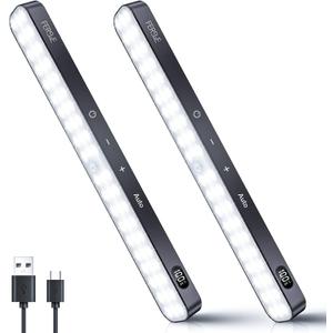 Ferswe Under Cabinet Lights Rechargeable, Battery Level Display, 60 LED Motion Sensor Cabinet Light, Dimmable Touch Control, Under Counter Lights for Kitchen, Closet, Cupboard(2 Pack) (Cool White 6000K)
