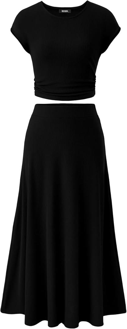 BTFBM Women Two Piece Skirt Set Summer 2025 Casual Vacation Crew Neck Short Sleeve Cropped Top Elastic Waist Midi Skirts (Large, Black)