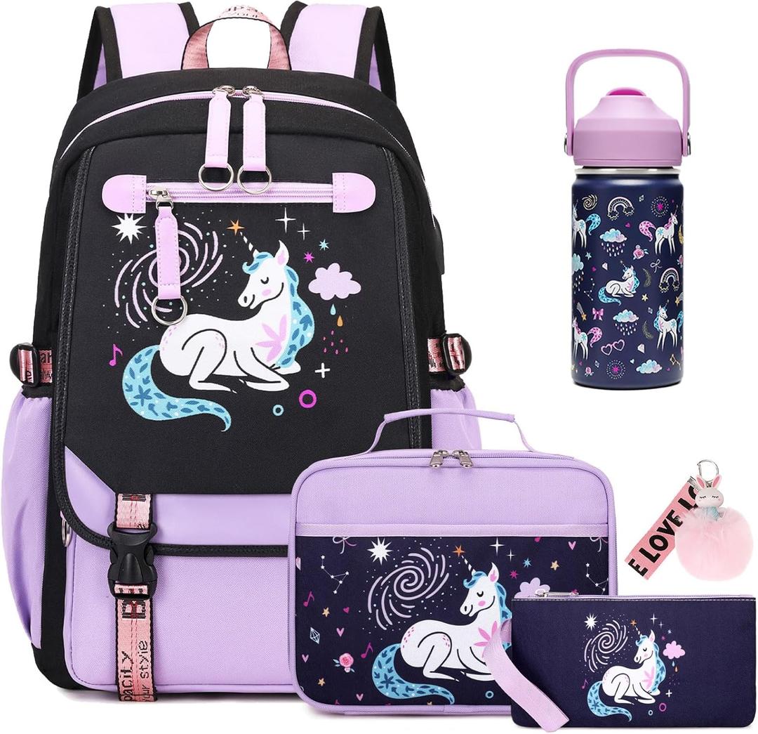 Bevalsa Kids Backpack for Girls with Insulated Water Bottle, Purple Cute Bookbag for Girls Kid, 14oz Termos Kids Water Bottle, Insulated Lunch Bag & Pencial Case, Back To School Gift (Unicorn)