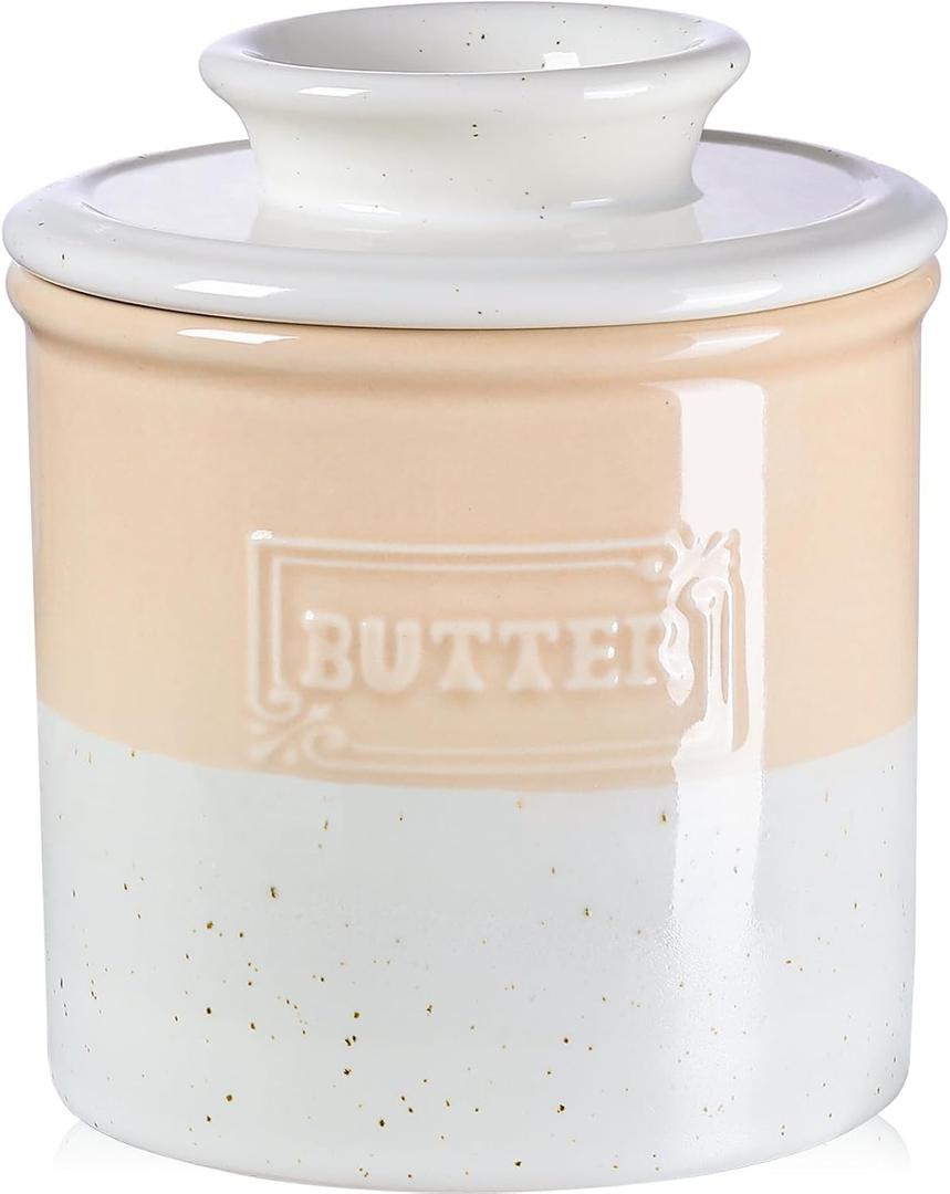 NUTRIUPS Ceramic Butter Crock, Butter Dish with Lid for Countertop with Water Line, French Retro Butter Crock for Spreadable Butter (Warm Sand White)