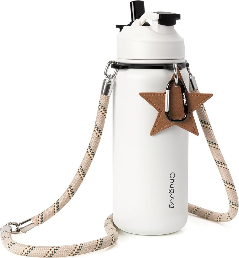 Insulated Water Bottle 32 oz with Strap, Leak-Proof Stainless Steel Water Bottle with Flip Straw & Spout Lid, BPA-Free, Reusable Cute Metal Water Bottles for Women & Girls, Keeps Drinks Cold (Creamy Chill)