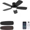 KNUN 42 Inch Ceiling Fan with Light and Remote/App Control, Low Profile Ceiling Fans with Lights,Flush Mount, Double-sided Blades, 3CCT, Dimmable, Noiseless, Black Ceiling Fan for Indoor/Outdoor Use