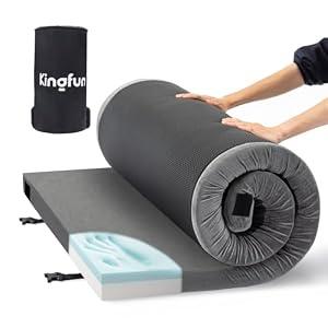Kingfun 3 Inch CertiPUR-US Memory Foam Camping Mattress Pad, Waterproof Roll up Sleeping Pad, Thick Floor Sleeping Mats for Tent with Removable Travel Bag(Grey, Twin XL)