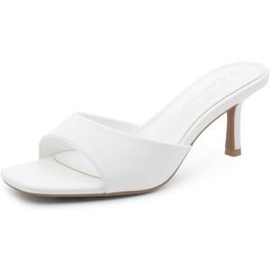 Shoe Land Deverena Women's Low Heels Stiletto Heeled Slides, Open Toe One Band Slip-On Heeled Mules  Dressy Heeled Sandals for Prom, Party, Wedding, and Vacation (8, White)