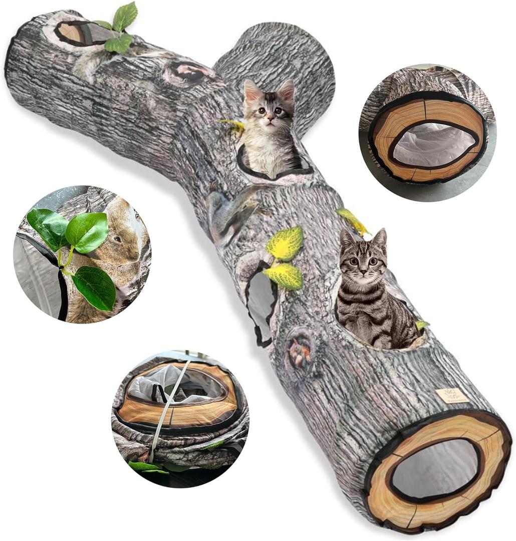 GRETMIX Cat Tunnel,3 Way Cat Toys,Tree Trunk Cat Tunnels for Indoor, Cat Maze for Kitty, Puppy, Kitten,Rabbit to Chase and Play, Collapsible Tube, Easy to Store Kitten Tunnel,L59,Tree Design Gift