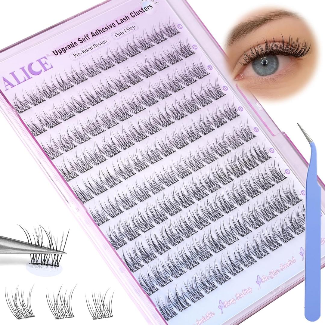ALICE Self Adhesive Eyelashes Natural Self Adhesive Lash Clusters No Glue Needed Wispy Reusable Press on Lashes Pre-Glue 10-12mm 120pcs DIY Eyelash Extensions Kit with Lash Tweezers