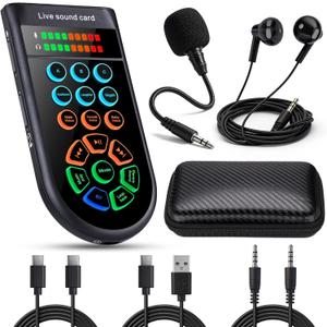 M300 Small Handheld Sound Card Set for Beginner Singing & Live Streaming, Voice Changer with Reverb/Vocal Enhancement/Sound Effects, w/AUX/Type-C/Bluetooth in, Includes Condenser Mic & Headphones