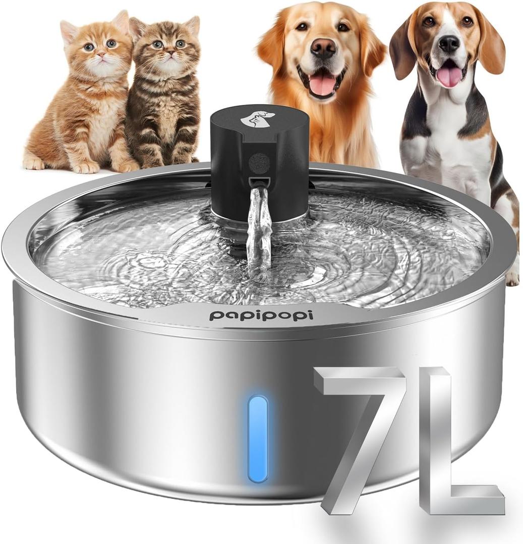 Dog Water Fountain, 7L/1.8G/236oz Stainless Steel Dog Water Fountain for Large Dogs, Dog Water Bowl Dispenser, Super Quiet Pump and Replacement Filters for Cats and Dogs (Silver)