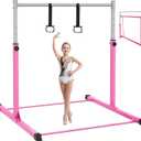 Safly Fun Gymnastics Bar for Kids Ages 3-15 for Home - Steady Steel Construction, Anti-Slip, Easy to Assemble, 3' to 5' Adjustable Height (Pink)