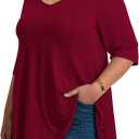 LARACE Elbow Sleeve Plus Size Tops for Women, Women's Half Sleeves Tunic Shirts Spring Summer Fall Clothes Blouse V Neck (Red, XXL)