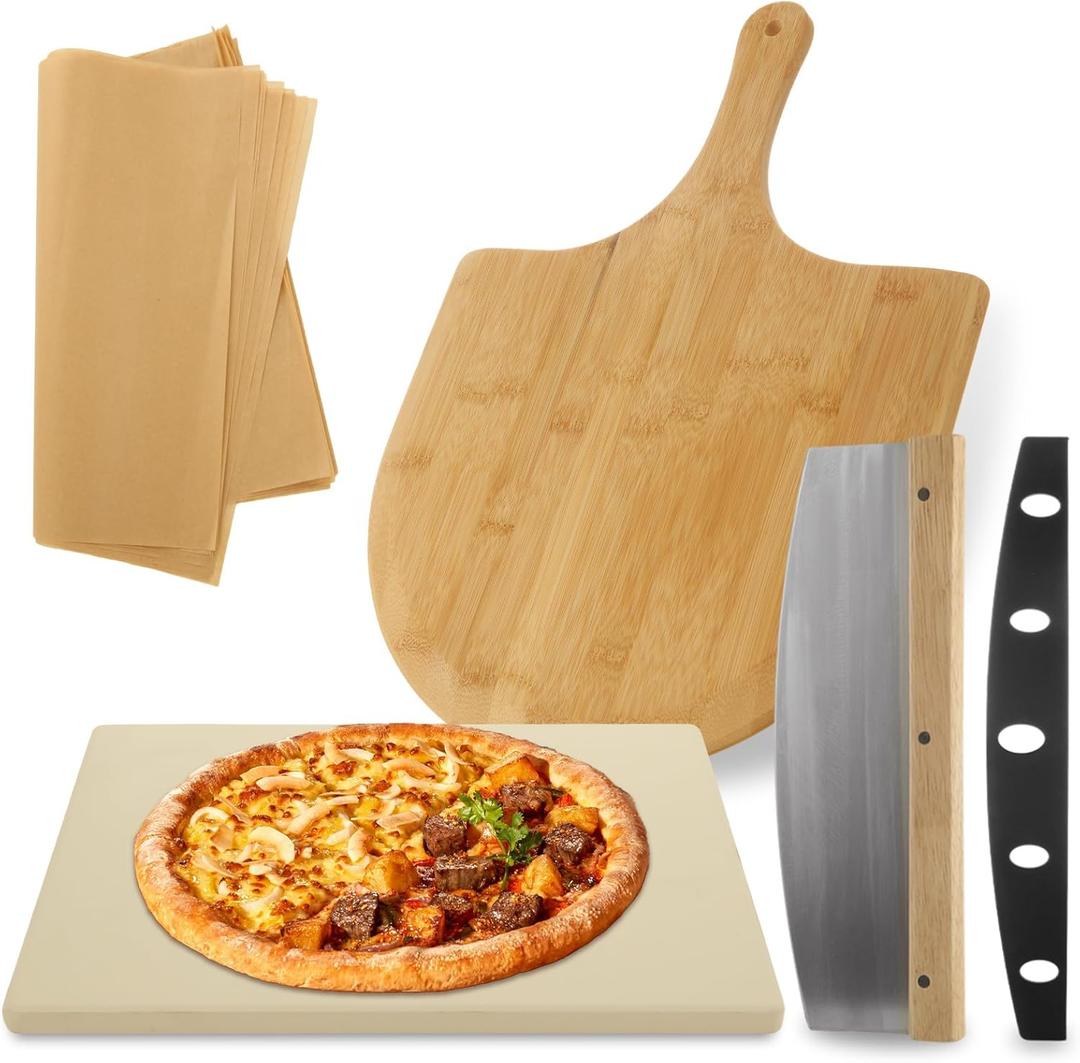 4 PCS Oven Pizza Stone Set, 15 x 12 Inch Large Rectangle Pizza Stone with Wooden Pizza Peel, Pizza Cutter & 10PCS Cooking Paper for Oven & Outdoor Grill, Baking Stone Pan for Pizza, Bread