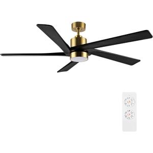WINGBO 54 Inch DC Ceiling Fan with Lights and Remote Control, 5 Reversible Carved Wood Blades, 6-Speed Noiseless DC Motor, Modern Ceiling Fan in Brass Finish with Black Blades, ETL Listed