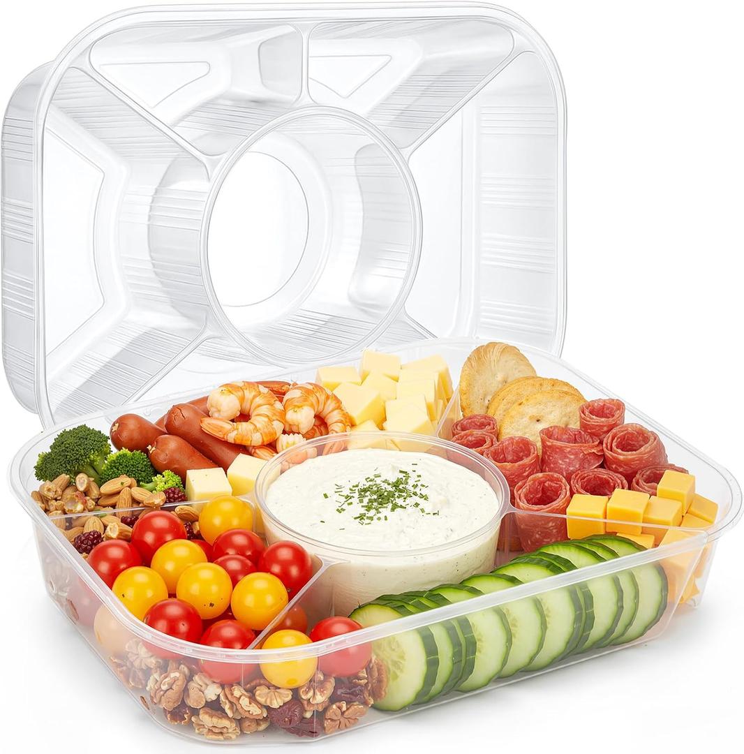 Shellwei 2 Pcs Jumbo Veggie Tray 15.6" x 11.2" x 3" Vegetable Dish Divided Serving Tray Travel Serving Platter Fruit Platter for Veggie, Taco, Fruit, Salad in Party/Buffet (No Lid)