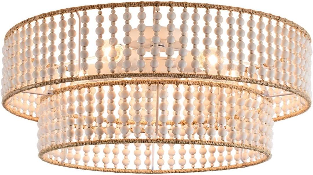 24" Boho Chandelier Light Fixtures,5 Lights Farmhouse Wood Beaded Drum Chandeliers Rattan Handed Woven Lighting for Dining Room Living Room Kitchen Bedroom