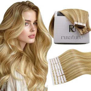 RUNATURE Remy Human Hair Tape in Extensions Golden Blonde Mix Light Blonde Tape in Extensions Real Human Hair Double Sided Straight Tape in Remy Hair Extensions Short Tape in Hair 14 Inch 50g 20pcs