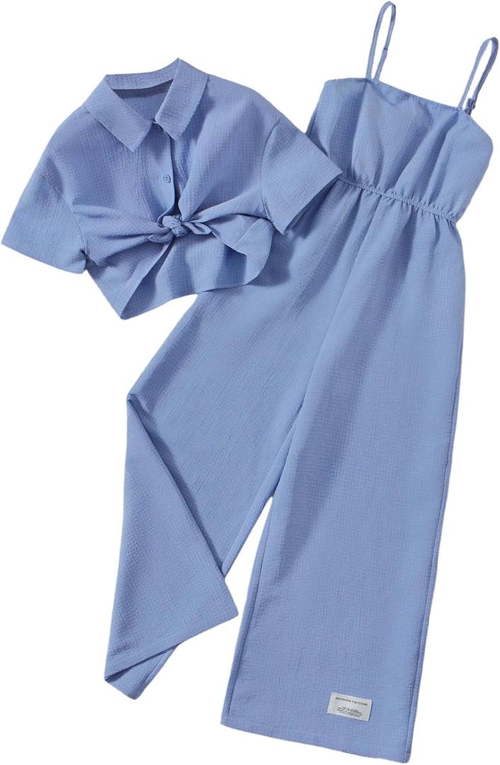 OYOANGLE Girl's 2 Piece Outfits Textured Long Pants Jumpsuit and Short Sleeve Button Down Shirt Set Blue 11-12Y
