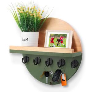 Key and Mail Holder for Wall Decorative, Wooden Boho Key Hanger with Shelf, Unique Two-Tone Circular Design Entryway Key Rack - Brown & Green