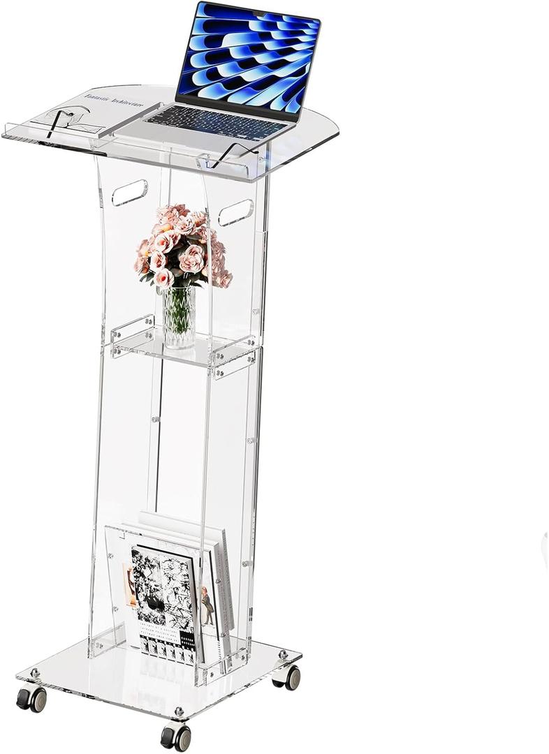Acrylic Podium Stand49 Tall Portable Podium with Lockable Wheels, Clear lecterns & Podium with Storage Shelf for Classroom, Pulpit Podium for Church,Wedding,Presentation
