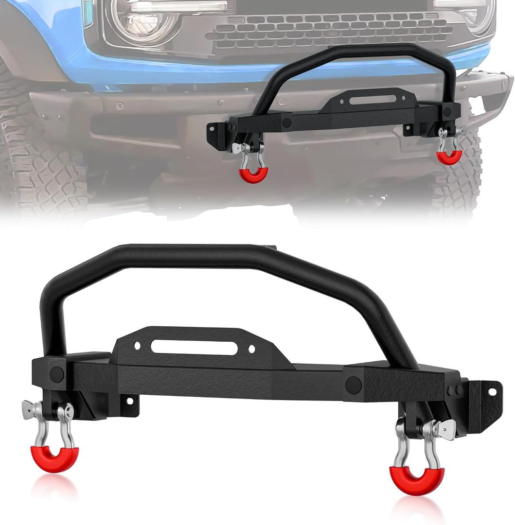 Front Bumper Bull Bar with Winch Mount & D-rings Compatible for 2021 2022 2023 2024 2025 2026 Ford Bronco (ONLY for Steel Modular Front Bumper), Brush Guard Winch Mounting Plate, Black