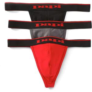 Papi Men's 3-Pack Premium Fashion Cotton Active Stretch Thong (Large, Red/Grey/Black)