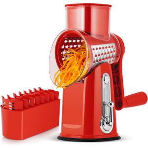 SUSTEAS Rotary Cheese Grater with Handle - Vegetable Shredder with 5 Well-designed Blades & Strong Suction Base,Round Mandoline Slicer & Food Chopper for Kitchen,with Blade Storage Box(Red)