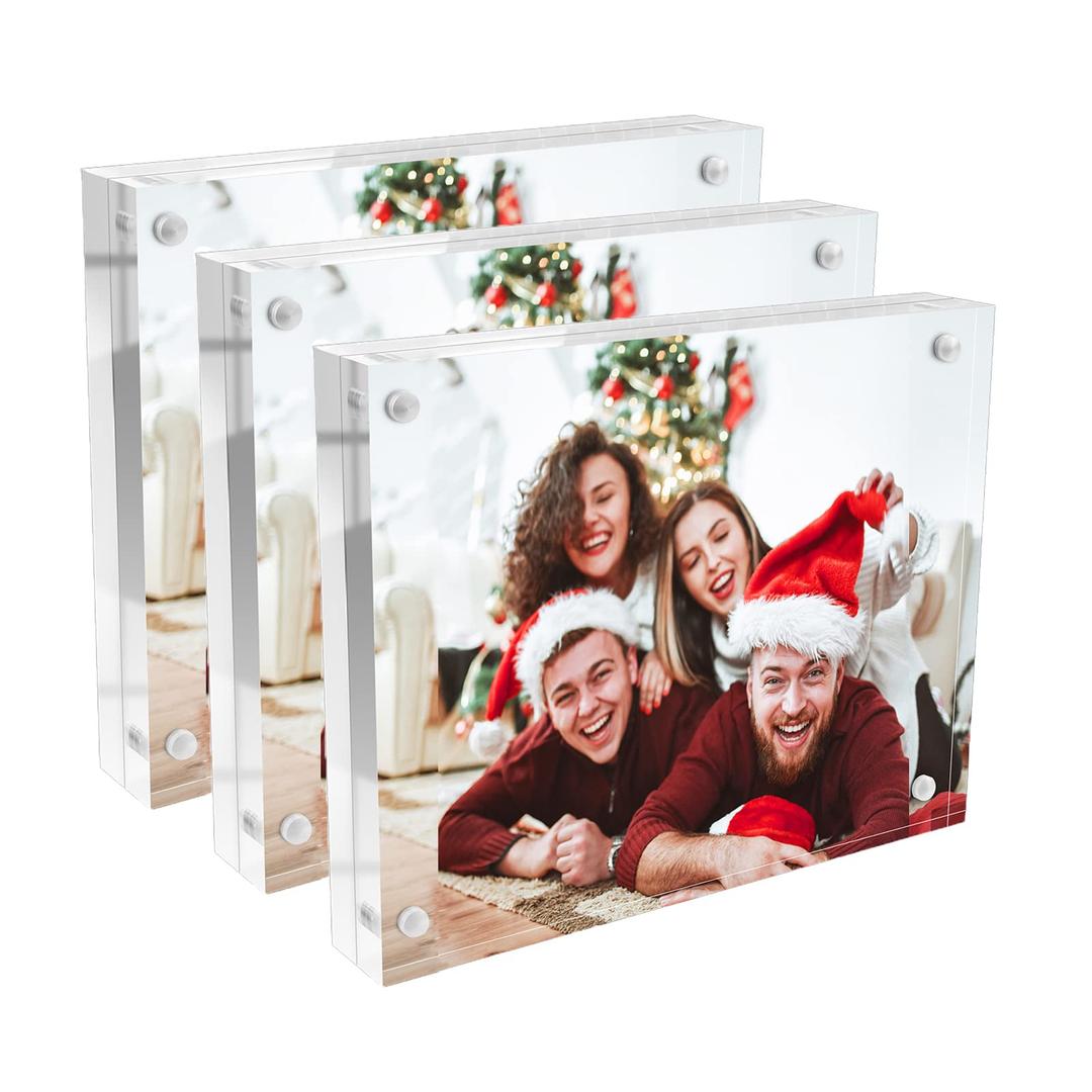 Fribuya 4x4 Acrylic Picture Frame 3 Pack, 20mm Thicker Frameless Clear Frame Double Sided Magnetic Photo Frames
