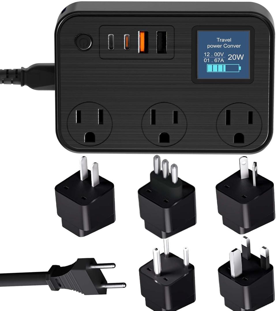 350W Converter Plug with 2 USB and 2 USB-C (20W PD) Fast Charging International Travel Converter for 220V to 110V for 100V-240V and Including US/EU/UK/India/South Africa Plugs (Black)
