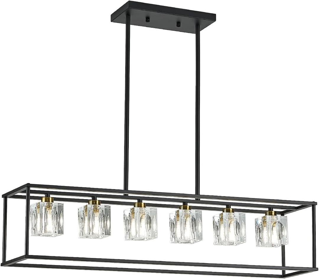 Soilsiu Modern Crystal Chandeliers for Dining Room, Island Light Fixture Over Table,6-Light Height Adjustable Hanging Rectangular Pendant Light Fixtures for Kitchen, Living Room, Bedroom