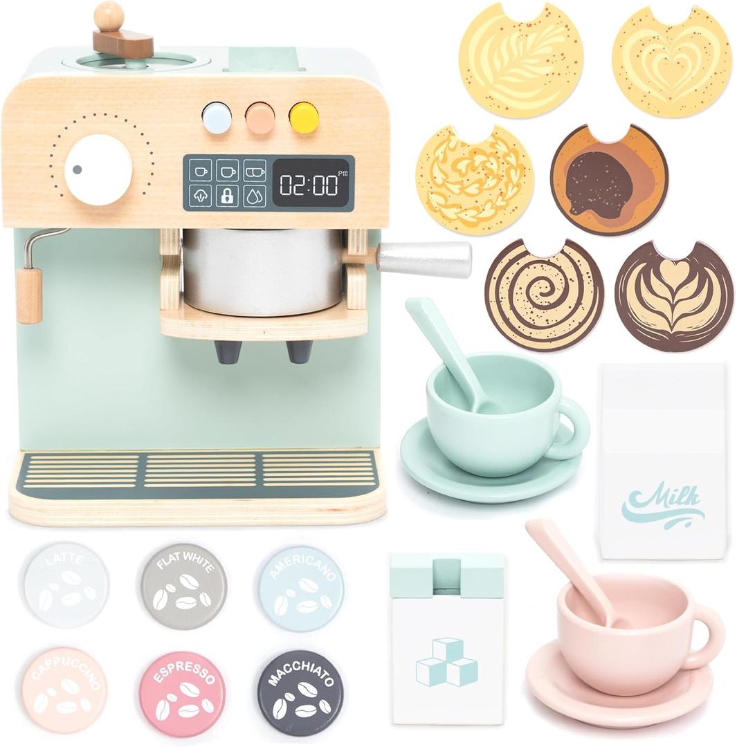 UMU Wooden Toy Coffee Maker for Kids  Pretend Play Kitchen Accessory for Toddlers  Role Play Espresso Machine Set  Montessori Toy for Ages 3 4 5 6