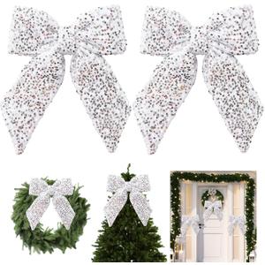 Hungdao 23.6 Inch Large Velvet Sequin Christmas Bow Outdoor Decorations Fabric Christmas Bows with Stuffed for Wreaths Garland Tree Topper Stairs, Railing, Porch (Silver Color)
