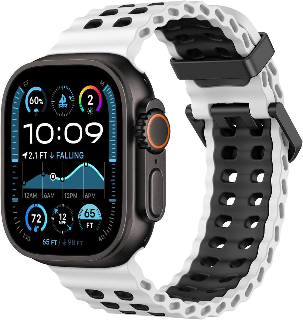 Breathable Ocean Band Compatible with Apple Watch Ultra 3/2/1 49mm,S11/S10 46mm,9/8/7 45mm,SE3/SE2/SE/6/5/4 44mm,3/2/1 42mm, Adjustable Silicone Band Breathable Sport Strap for Men Women (White/Black)