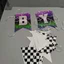 Pasimy 4 Pcs Monster Truck Birthday Banner Cars Truck Garland Black and White Checkered Flags Pennants Green Purple Happy Birthday Bunting Racing Car Theme Party Decorations Supplies