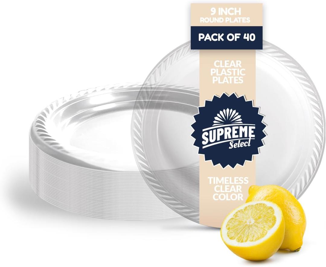 Clear Disposable Plastic Plates [Set of 40 | 9-inch Plates] Elegant Party Dinner Plates-Microwave Safe Plastic Dish Set- Sturdy Rimmed Plates For Weddings, Parties, Kitchen Use