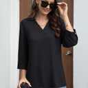 YUCOLEN 3/4 Sleeve Tunic Tops for Women V Neck Collared Shirts Chiffon Work Blouses Dressy Casual S-XXL (Black, XXXL)