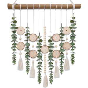 Boho Wall Decor Artificial Eucalyptus Bathroom Decor Fake Eucalyptus Greenery Leaves Stems Wall Hanging Plants on 16.5 inch Wooden Stick with Wooden Bead Rustic Farmhouse for Bedroom Nursery Kitchen (Cream Tassels With Wooden Chip and Stump)