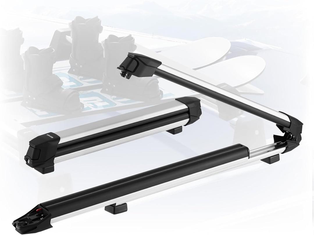 VEVOR Ski & Snowboard Roof Rack, Carry up to 4 Pairs of Skis or 2 Snowboards, 2 PCS Aluminum Universal Car Roof Rack Top Holder with Lock & Rubber Padding, Carrier for Fishing Rod, Fit Most Crossbars