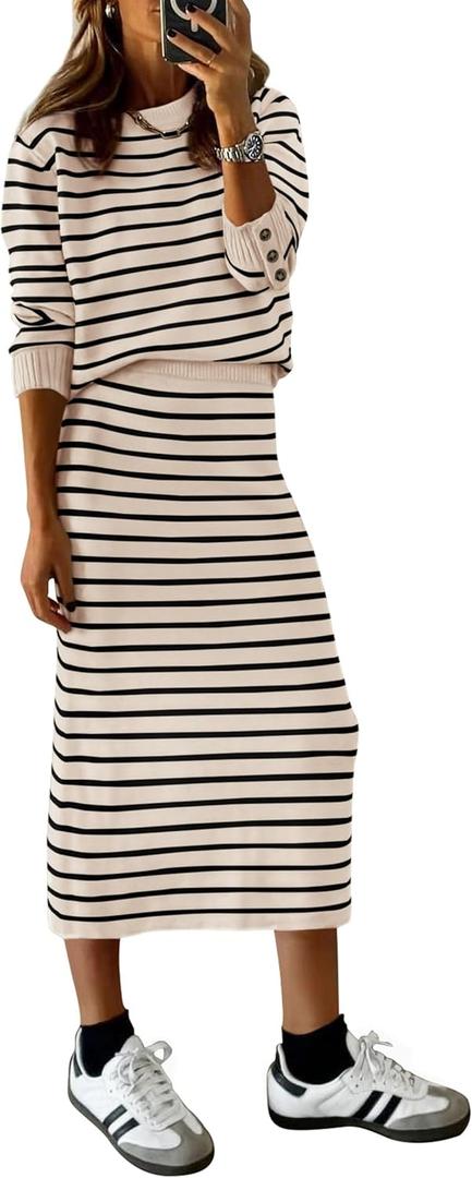 PRETTYGARDEN 2 Piece Skirts Sets For Women Fall Fashion 2025 Striped Sweater Dress Knit Lounge Travel Outfits Winter Clothing (Small)