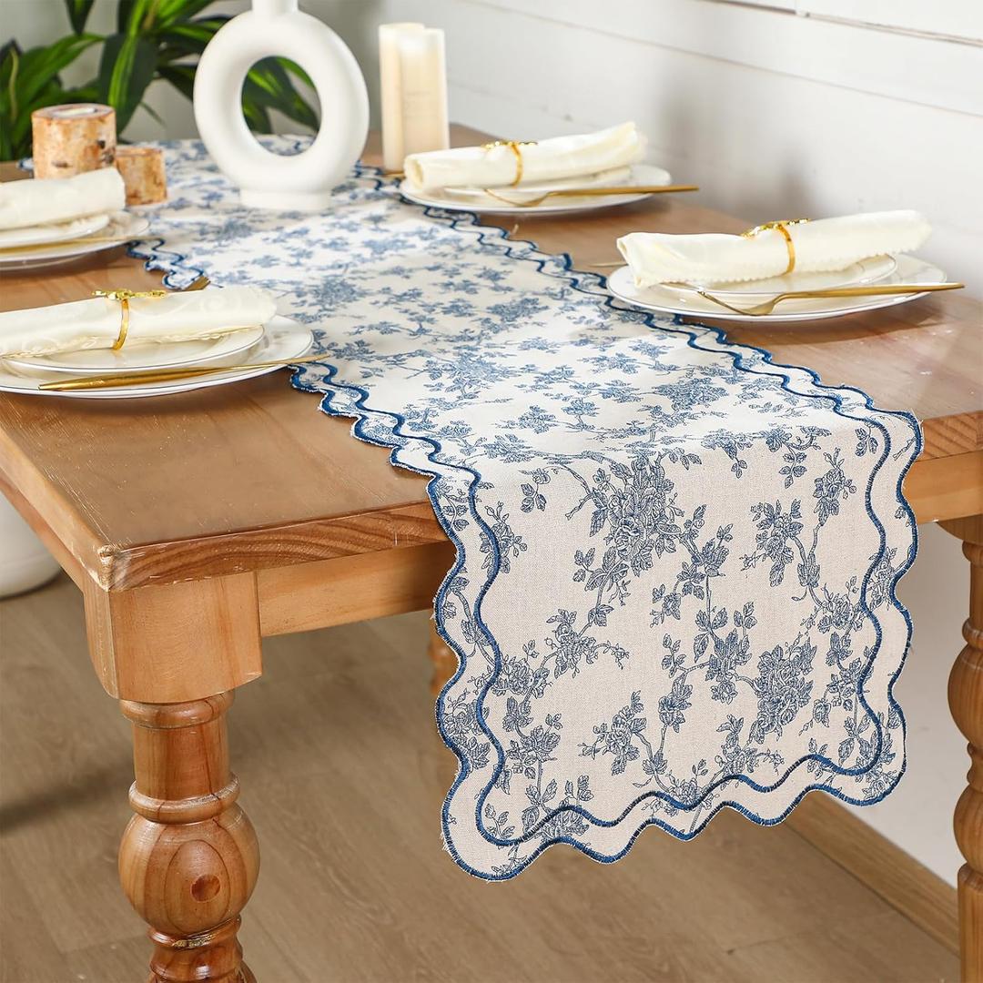 72 Inches Scalloped Edge Table Runner, Double Linen Fabric Table Runner Outdoor, Rustic Dining Decor for House Kitchen Coffee(Floral, Navy Blue)