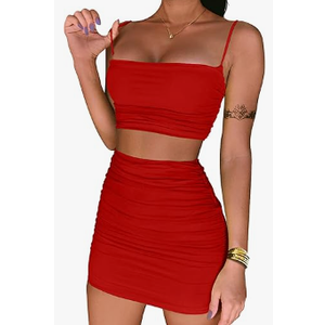 BEAGIMEG Women's Ruched Cami Crop Top Bodycon Skirt 2 Piece Outfits Dress, Small