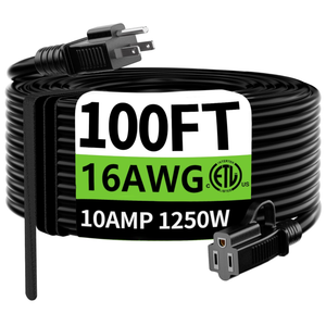HUANCHAIN Indoor Outdoor Black Extension Cord 100 ft Waterproof, 16/3 Gauge Flexible ColdResistant Appliance Extension Cord Outside, 10A 1250W 16AWG SJTW, 3 Prong Electric Cable, ETL