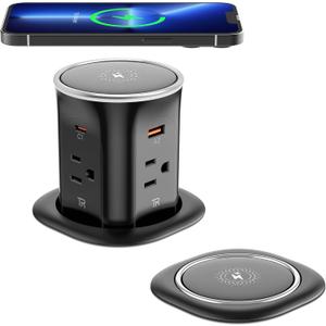 Jgstkcity Pop Up Countertop Outlet with 15W Wireless Charger,20W USB C Ports,Flush Mount Tamper Resistant,Recessed Grommet Receptacle,4 USB 4 Outlets,15A,1875W,ETL Listed,3.15in Hole,Black