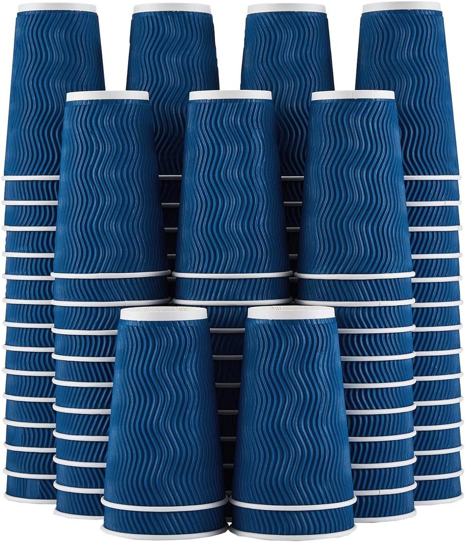 Lamosi 16 oz Coffee Cups - 90 Pack, Disposable Insulated Corrugated Paper Cups 16oz, Kraft Ripple Wall Cups for Hot Beverage or Cold Drinks (Navy)