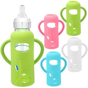 4 Pack Silicone Sleeves for Dr. Brown's Glass Baby Bottles - Drop Protection Baby Bottle Sleeves,Compatible with Dr. Brown's Newborn Glass Bottles,with Silicone Handles,8 oz (White+Blue+Red+Green)