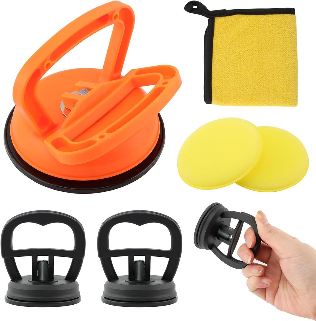 3 Pcs Car Dent Puller,Dent Repair Kit with Rag and Waxing Sponge Block Powerful Car Indent Remover for Cars Body Indent Glass Screen Tiles and Lifting Objects Moving(Color:Orange+Black)