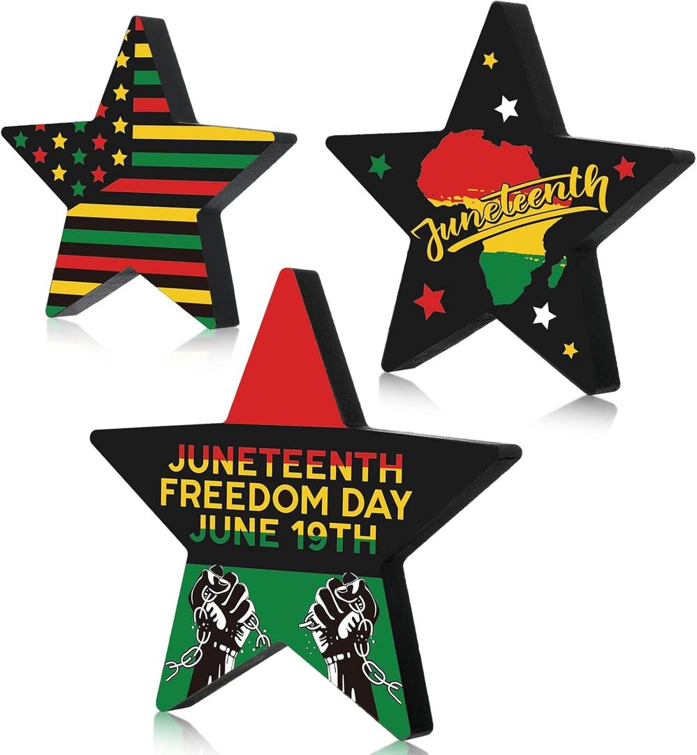 3 Pieces Independence Day Wooden Decoration Juneteenth Star Signs Patriotic Wood Star Table Signs for 4th of July Holiday Party Decoration