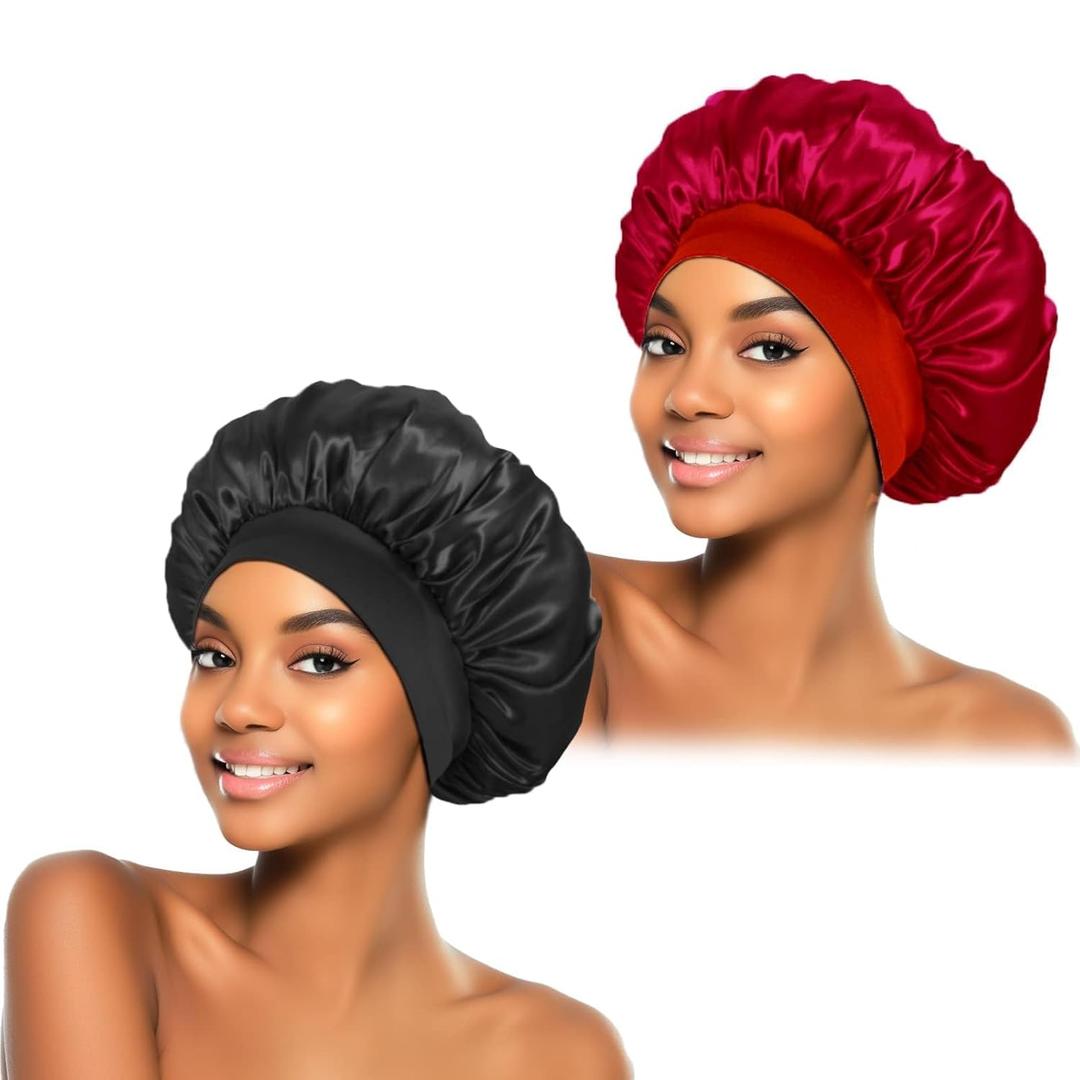 2Pcs Silk Bonnet for Sleeping, Satin Hair Bonnets, Soft Elastic Band Silk Sleep Cap, Hair Wrap for Women(Black Burgundy)