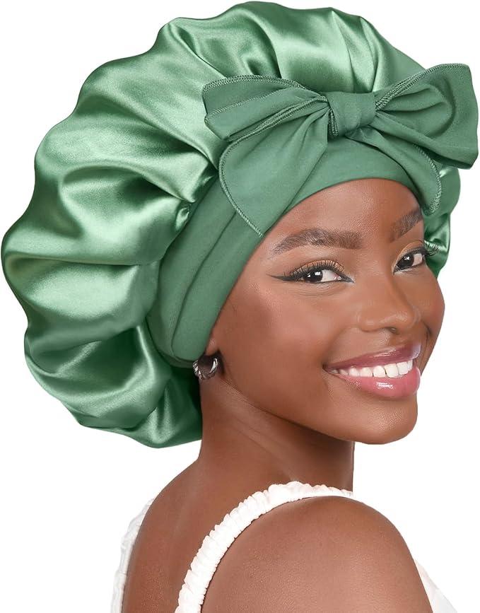 YANIBEST Silk Bonnet for Sleeping Women Adjustable Double Layer Satin Bonnet Reduce Friction Prevent Frizz Natural Curly Hair (Large, Sage)