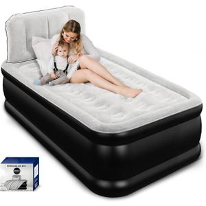 Twin Air Mattress with Headboard, Built-in Pump, 600 lbs Heavy-Duty Support, 48-Hour Leak-Tested PVC, 19" Raised Comfort Design, 2.5 Min Fast Inflation, Inflatable Mattress for Home, Guests & Camping (Grey)