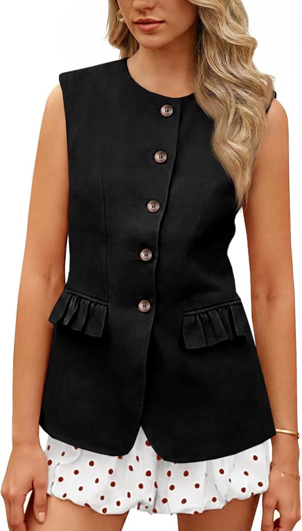 Cicy Bell Womens Blazer Vest Tops Crew Neck Ruffle Flap Pockets Sleeveless Suit Vests Summer Business Casual Outfits
